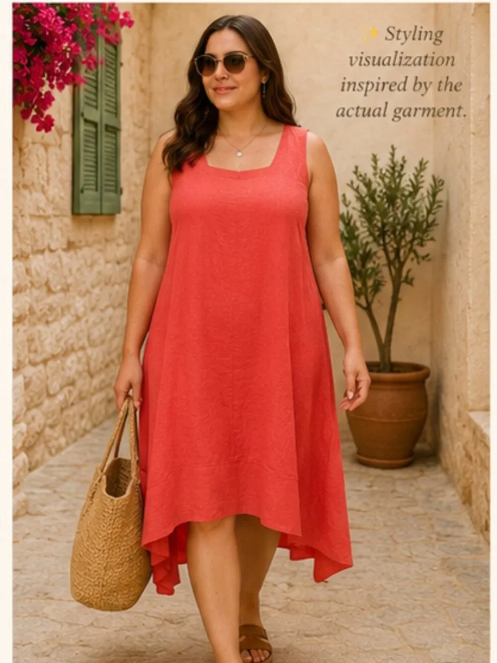Linen Blend Coral Lagenlook Midi Dress Pockets Coastal Resort 1X Relaxed Fitting - Picture 9 of 9